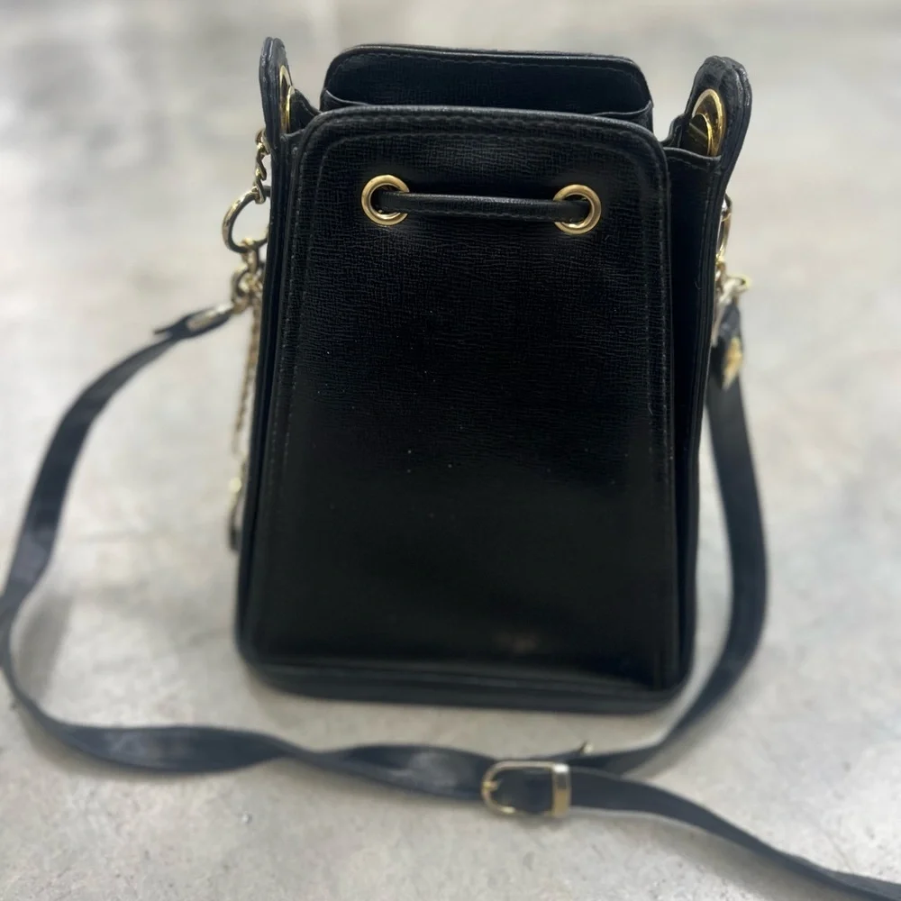 Small Black Crossbody Bag with Gold Accents and Drawstring Closure - Picture 6 of 11